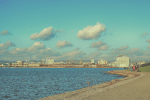 Washed-out photo of Cardiff Bay as seen across the water from the Barrage