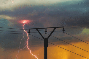 photo: lightning strikes behind telephone wire